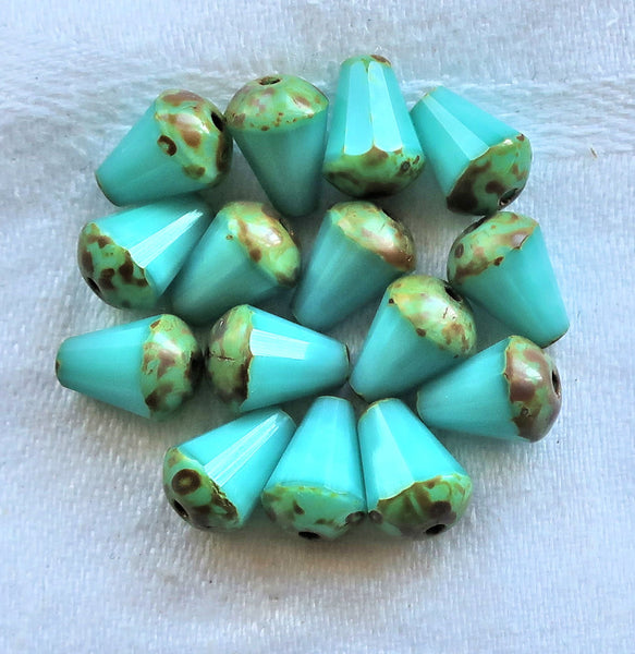 Lot of 15 8 x 6mm Czech glass teardrop beads - opaque turquoise blue silk w/ picasso - special cut, faceted, firepolished beads C05101 - Glorious Glass Beads