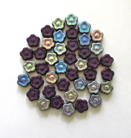 Lot of twenty 10mm Czech glass flower beads - tanzanite purple ab with a purple wash - C00031