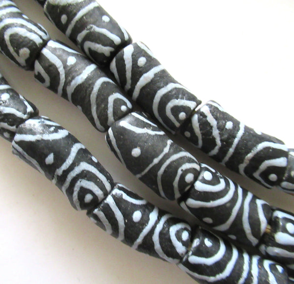 5 African Ghana glass tube beads - curved black beads w/ white zen pattern - large Krobo sand cast big hole rustic beads - C00561