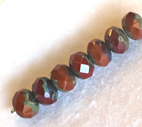 25 Czech glass faceted puffy rondelle beads, opaque rusty red & orange picasso mix, 6 x 8mm rustic, earthy, rondelles, sale price 55101