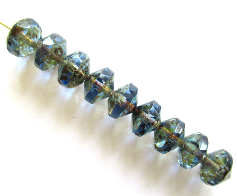 15 Czech glass faceted rivoli saucer beads - 7 x 11mm transparent sapphire blue picasso beads - rustic earthy beads C00162
