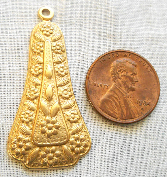 1 Raw Brass Stamping, a medium sized Victorian, Art Nouveau, Deco dangle, pendant, charm, drop, earring, 41mm x 19mm, made in the USA C1401 - Glorious Glass Beads