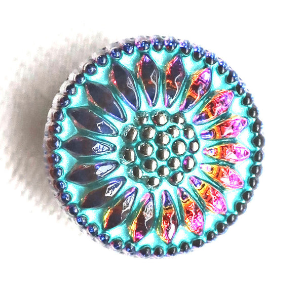 One 18mm Czech glass button, iridescent pink & yellow sunflower with a turquoise wash, floral decorative shank button 52201 - Glorious Glass Beads