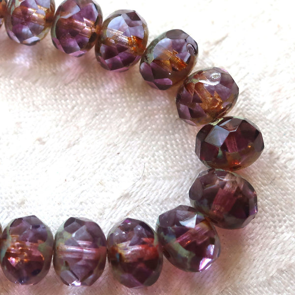 Lot of 25 Czech glass faceted puffy rondelles, 6 x 8mm transparent marbled amethyst, purple & lavender picasso, rondelle beads 00301 - Glorious Glass Beads