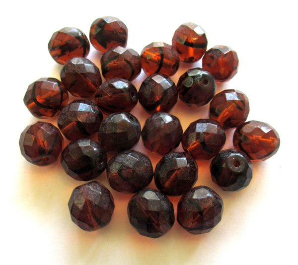 Ten Czech glass fire polished faceted round beads - 12mm tortoiseshell tortoise shell brown beads C00931