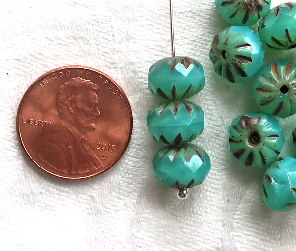 Ten Czech glass cruller beads, 7 x 10mm carved, faceted milky green turquoise picasso rondelles, sale price 08301 - Glorious Glass Beads