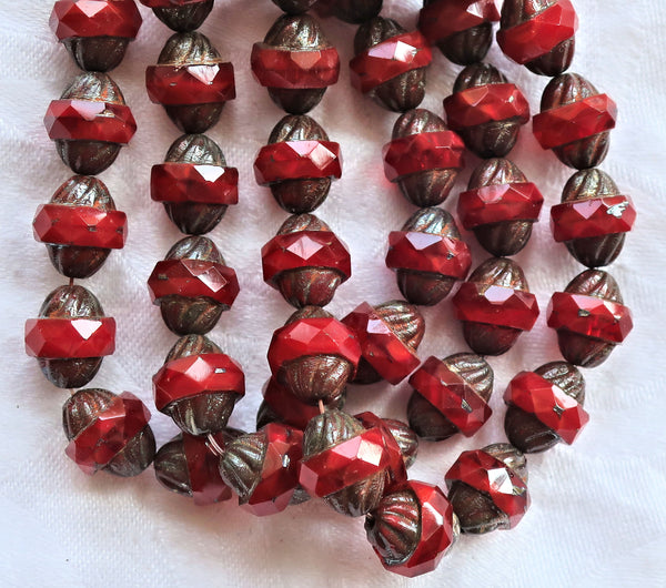 Five Czech glass faceted turbine beads, 11 x 10mm, translucent bright red with a picasso finish C60101 - Glorious Glass Beads
