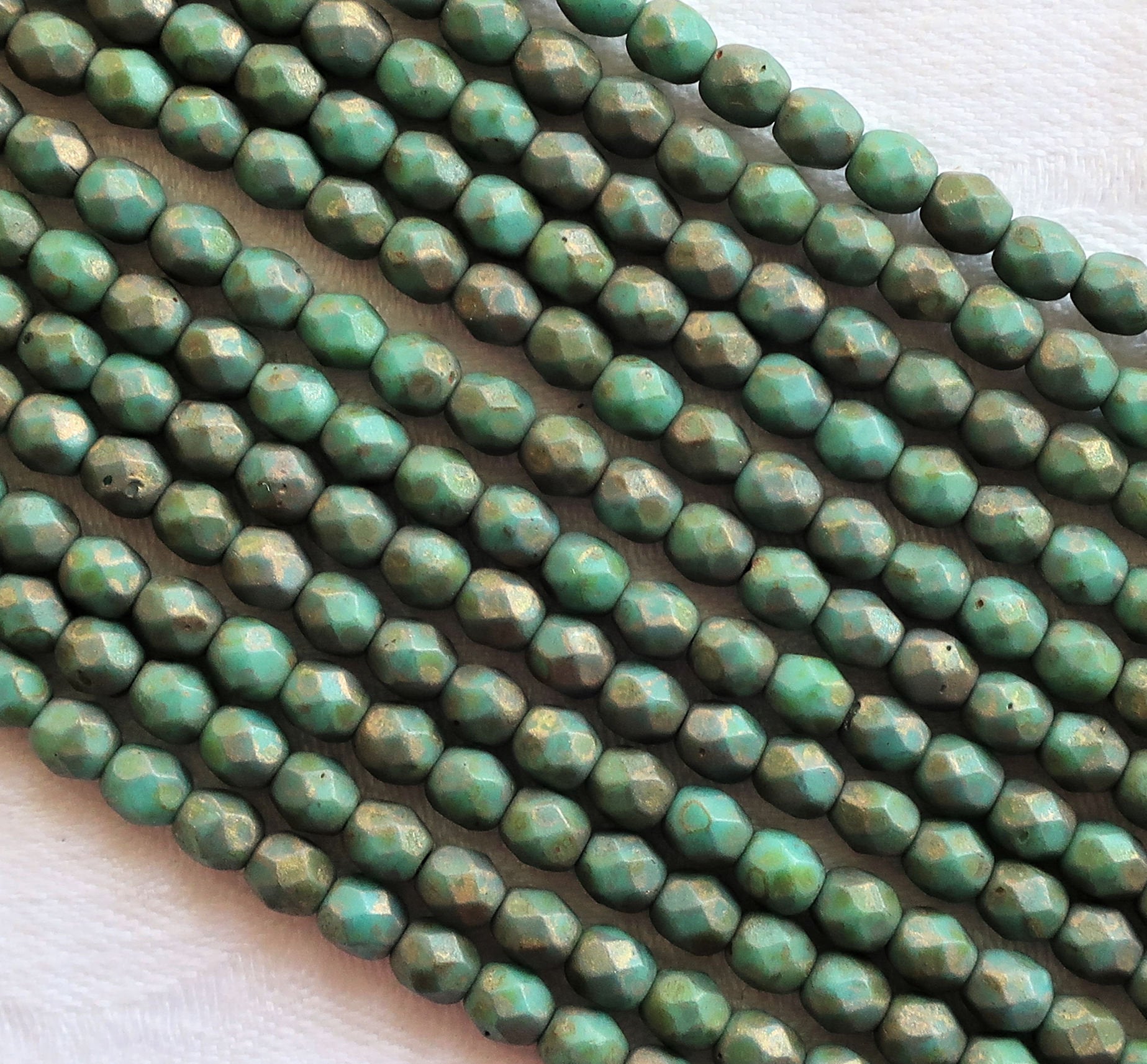 Lot of 50 4mm Matte Persian Turquoise Copper Picasso Czech glass beads, firepolished, faceted round beads, C5501 - Glorious Glass Beads