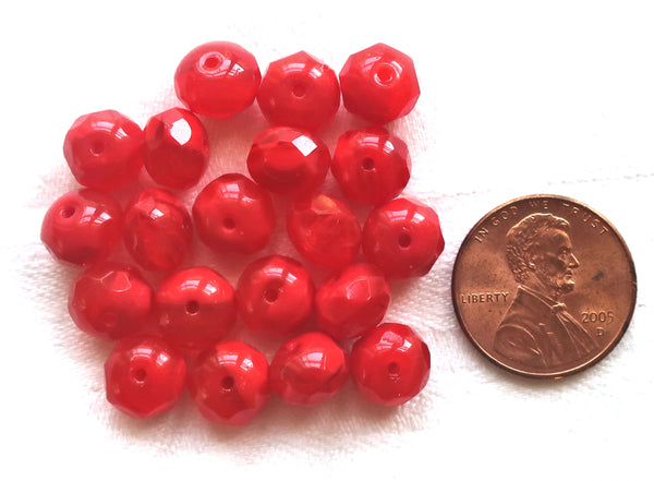 25 faceted red Czech glass puffy rondelle beads, opaque and translucent bright red marbled rondelles, sale price 03101 - Glorious Glass Beads