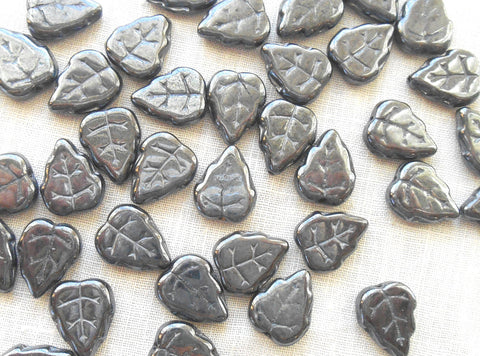 25 12 x 10mm Czech Hematite, metallic gray, center drilled, leaf beads, Czech glass beads C61125