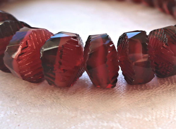 Lot of 6 Czech glass faceted wavy rondelle beads, large 14 x 6mm Garnet Red with white hearts, chunky rondelles, focal beads C05101 - Glorious Glass Beads