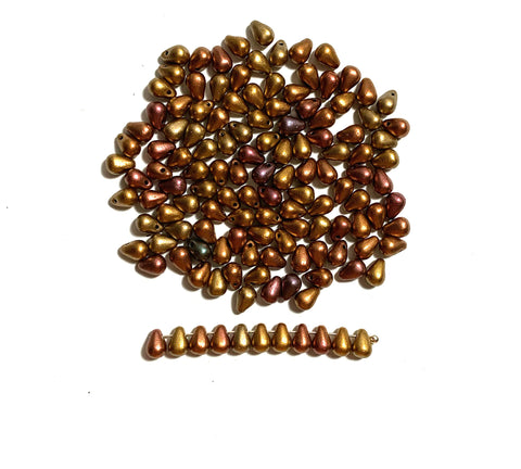 Fifty Czech glass teardrop beads - 6 x 4mm matte metallic gold iris drop or pear beads - C0043