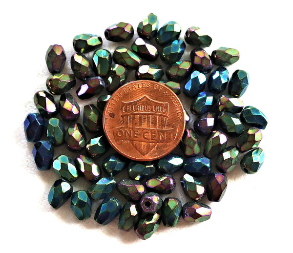 Lot of 25 7 x 5mm Green Iris teardrop Czech glass beads, faceted firepolished tear drops C7701 - Glorious Glass Beads