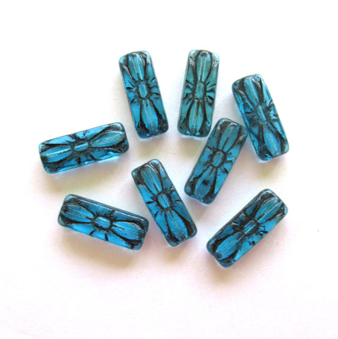 Five 20 x 8mm Czech glass beads - rectangular flower tube beads - aqua blue with a balck wash rectangle beads C0048