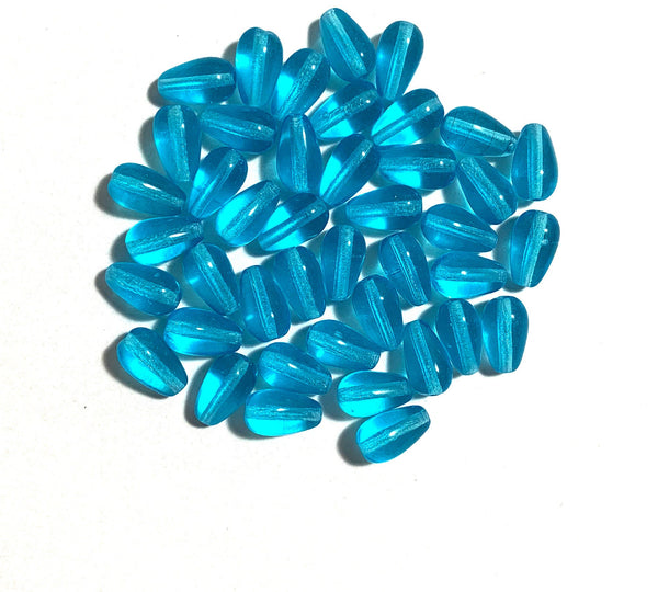 Lot of 25 10 x 6mm Czech glass aqua blue teardrop beads - center drilled smooth drop beads C0012