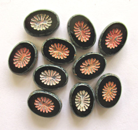 Ten 14 x 10mm Czech glass kiwi beads - jet black picasso flat oval - table cut - carved front & back C00881