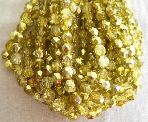 25 6mm Czech glass beads, Gold Mirror Half Tone, metalic, firepolished faceted round beads C9325