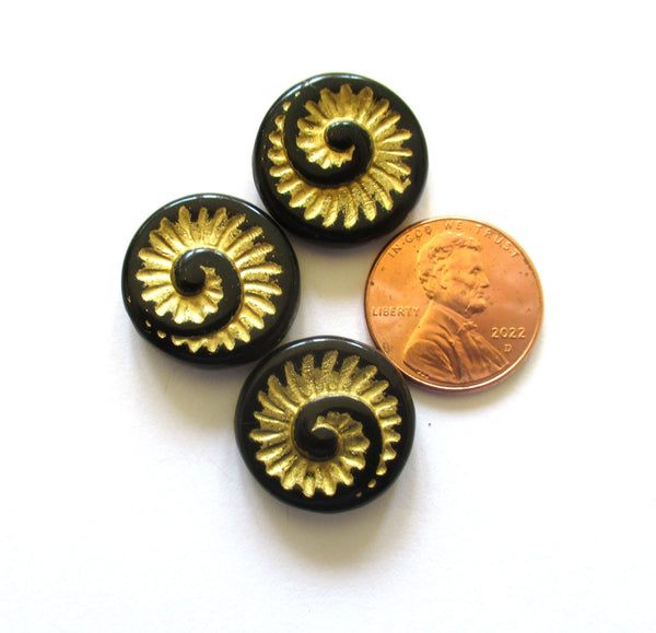 Four large Czech glass snail fossil beads - 18mm opaque jet black with a gold wash - coin / disc / focal beads C0054
