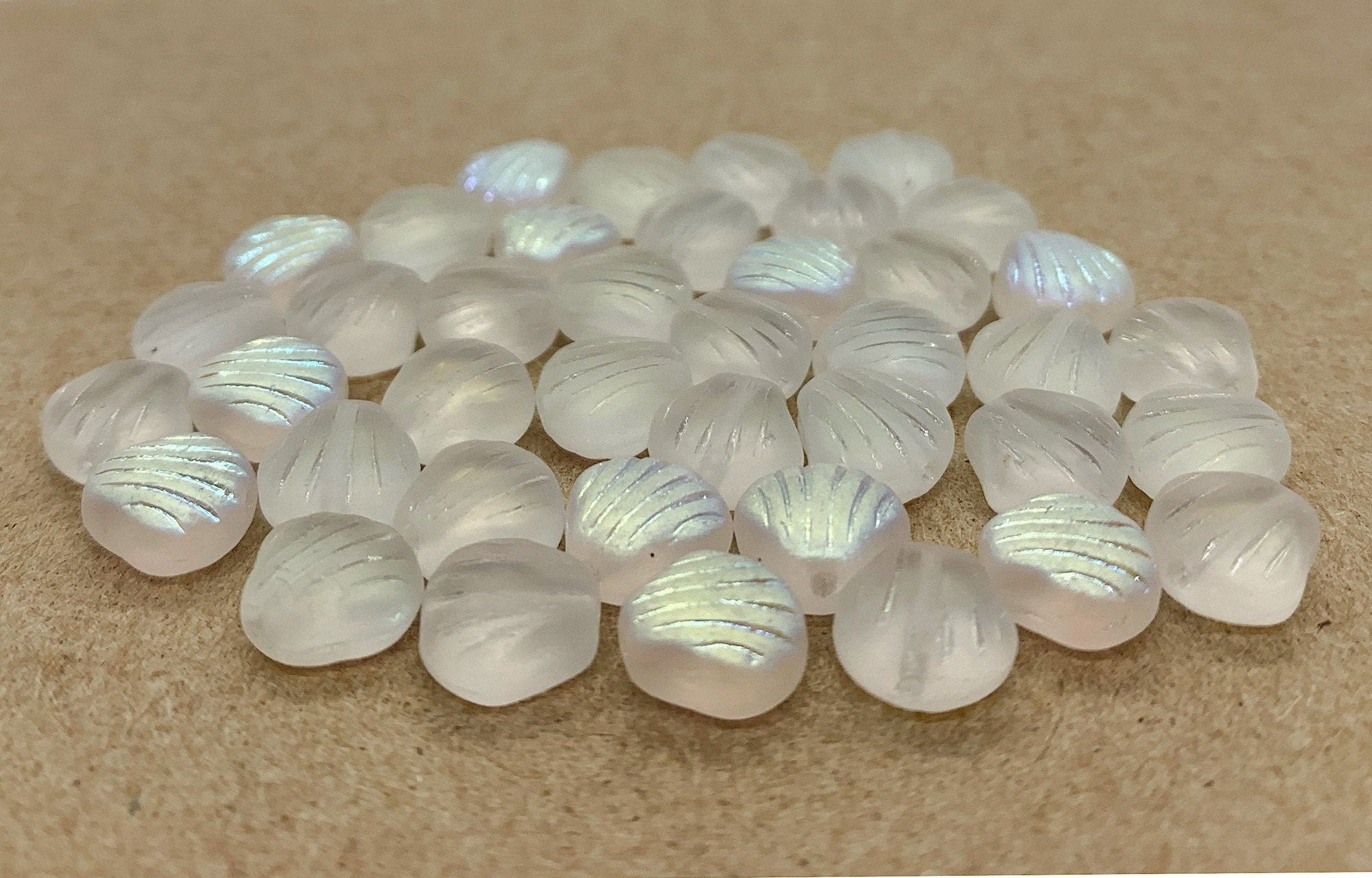 Twenty Czech glass seashell, fan or clam beads - 8mm frosted crystal AB shell beads - C0058