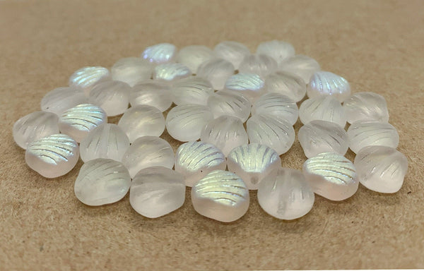 Twenty Czech glass seashell, fan or clam beads - 8mm frosted crystal AB shell beads - C0058