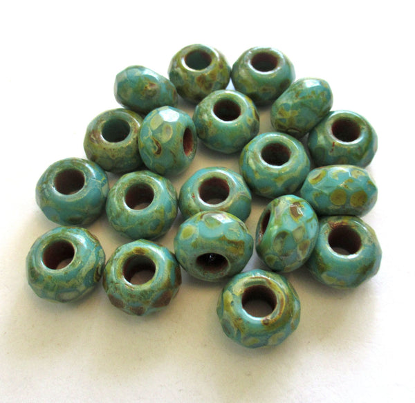 Five 12mm x 8mm Czech glass large faceted round roller, rondelle beads - opaque turquoise blue green picasso - big 5mm hole bead C00081