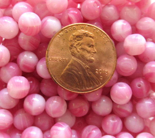 lot of 50 6mm Czech glass beads - opaque pink & white marbled druks - smooth round druk beads C0015
