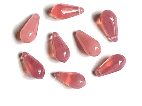 Ten large Czech glass teardrop beads - 9 x 18mm milky pink opal side drilled pressed glass faceted drops six sides C0095