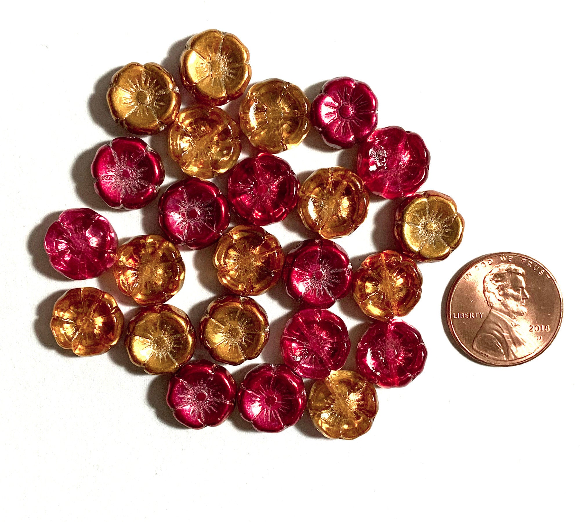 Ten 12mm Czech glass flower beads - gold, pink and orange AB pressed glass flowers - C0111