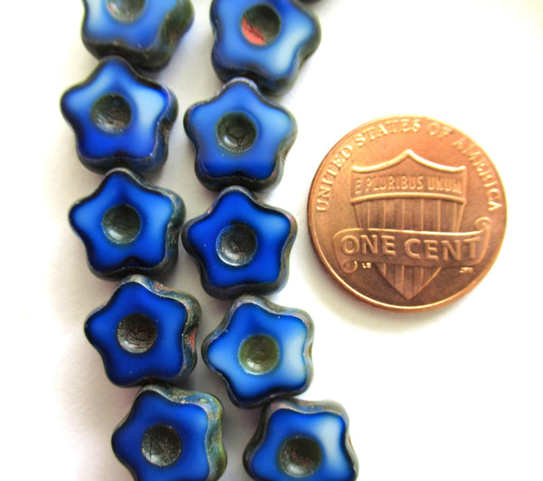 Lot of 10 Czech glass flower beads - 11mm opaque marbled blue and white table cut beads with red picasso accents - 00031