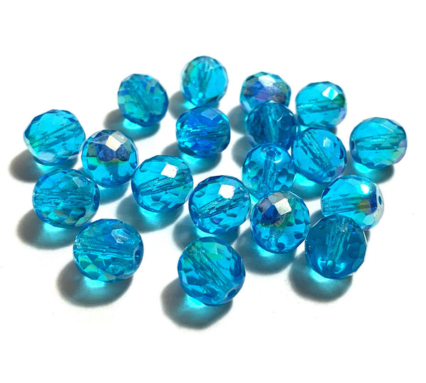 Twenty Czech glass fire polished faceted round beads - 10mm aqua blue AB beads C0088