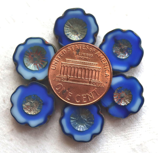 Lot of six 14mm table cut, carved,opaque milky, marbled blue & white with silvery picasso accents, Hawaiian Czech glass flower beads C02106 - Glorious Glass Beads