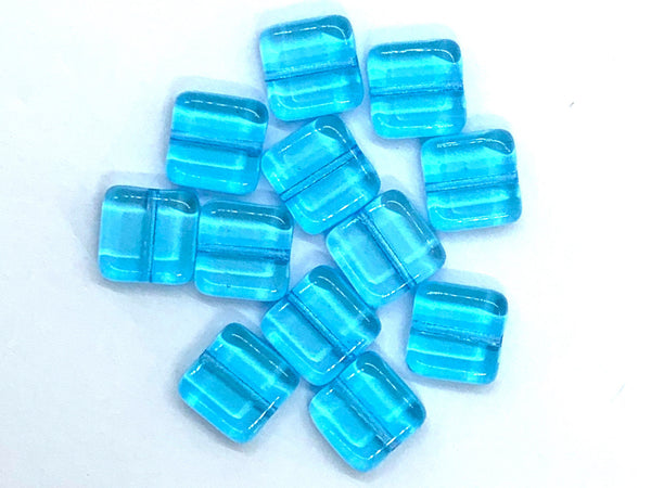 Twenty 9mm square Czech glass beads - transparent aqua blue pressed glass beads C0004