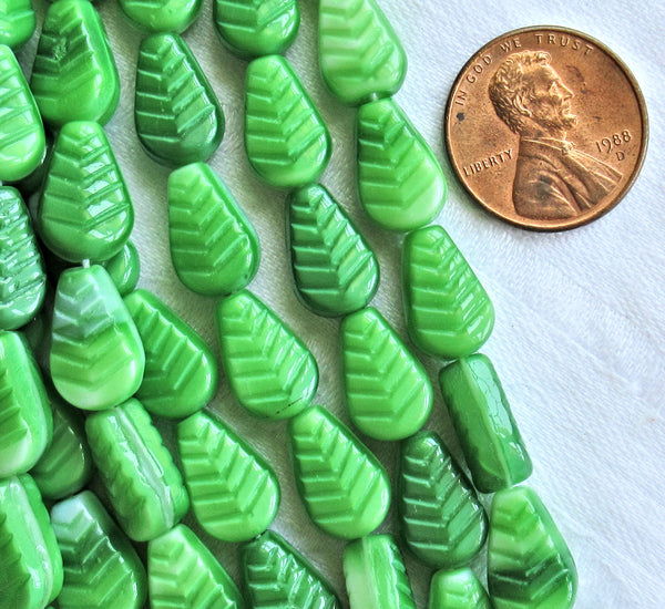 Lot of 25 Czech glass leaf beads - Opaque green and white marbled vintage style beads - center drilled 12 x 8mm beads C0701 - Glorious Glass Beads