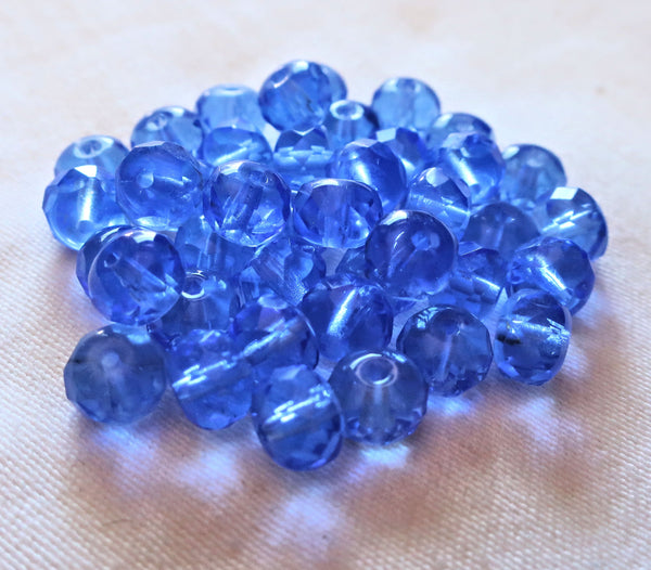 Lot of 25 transparent sapphire blue puffy rondelles - 6 x 9mm faceted blue Czech glass rondelle beads - C0054