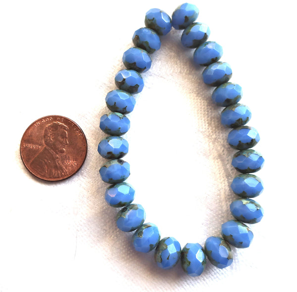 lot of 25 Czech glass faceted puffy rondelle beads, Opaque Cornflower Blue blue Picasso 6 x 8mm rondelles 00301 - Glorious Glass Beads