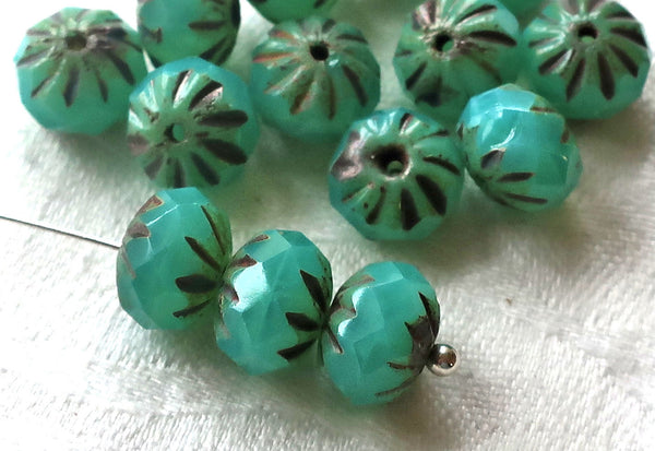 Ten Czech glass cruller beads, 7 x 10mm carved, faceted milky green turquoise picasso rondelles, sale price 08301 - Glorious Glass Beads