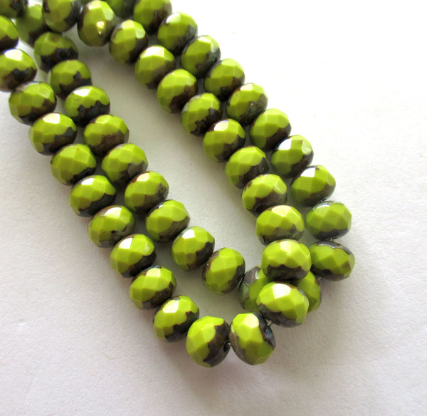 Lot of 25 Czech glass puffy rondelle beads - 7mm x 5mm opaque avocado green picasso faceted rondelles 00081