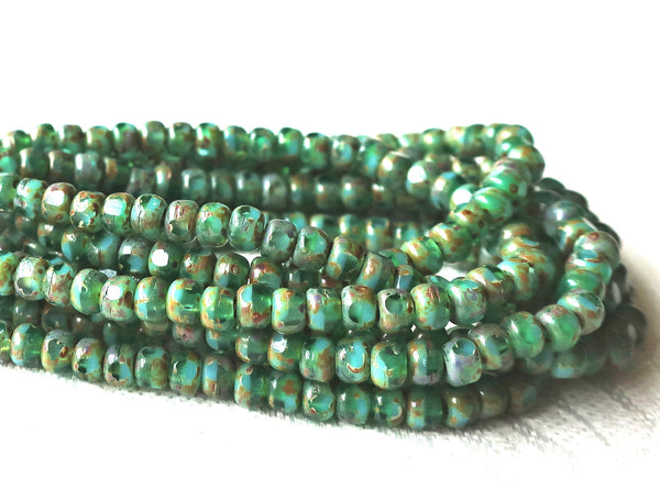 50 4 x 3mm, Tricut, Tri-cut, 3 cut Round Czech glass beads, turquoise green picasso 6/0 seed beads C45101 - Glorious Glass Beads