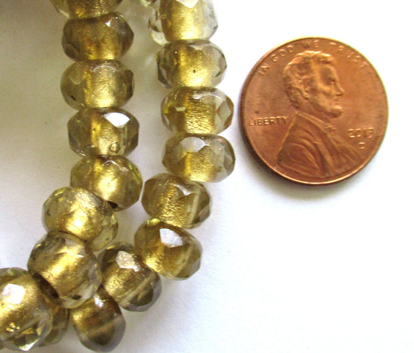 Ten Czech glass roller beads - 8.5 x 5mm light pastel smoky quartz gold lined, faceted roller, rondelle, big 3.5mm hole beads C00801
