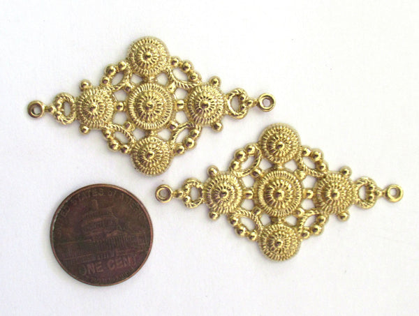 2 large Raw Brass stampings, stylized Victorian connectors with two rings - 1.75" x 1" including rings - USA made C0006