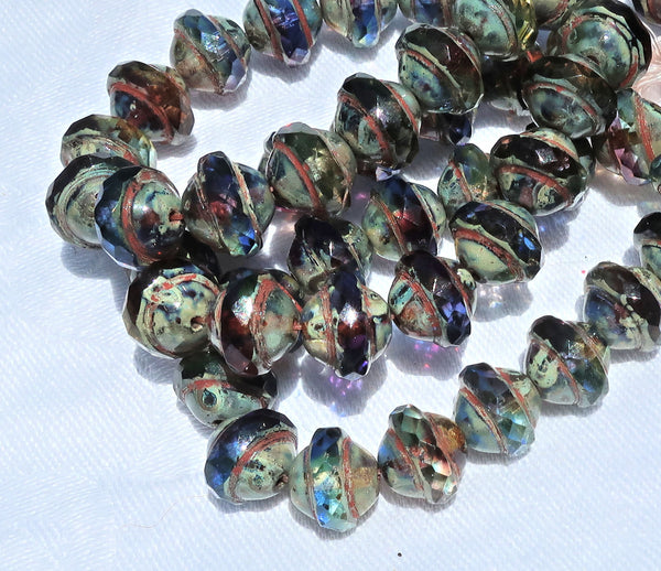 Ten Czech glass saturn / saucer beads - 11 x 10mm blue, purple / amethyst & green mix with a picasso finish C53101 - Glorious Glass Beads