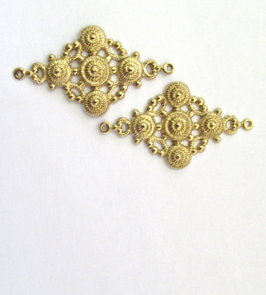2 large Raw Brass stampings, stylized Victorian connectors with two rings - 1.75" x 1" including rings - USA made C0006