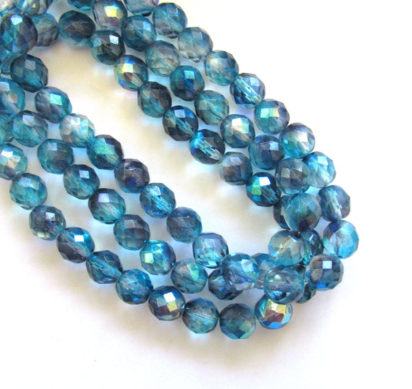 Ten Czech glass fire polished faceted round beads - 10mm blue AB color mix beads C0077