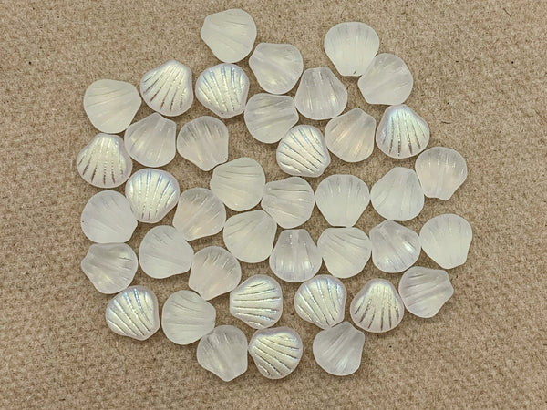 Twenty Czech glass seashell, fan or clam beads - 8mm frosted crystal AB shell beads - C0058