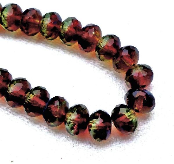 Lot of 25 tourmaline Czech glass puffy rondelles, 6 x 8mm transparent green & amethyst, purple mix, faceted puffy rondelle beads 00301 - Glorious Glass Beads