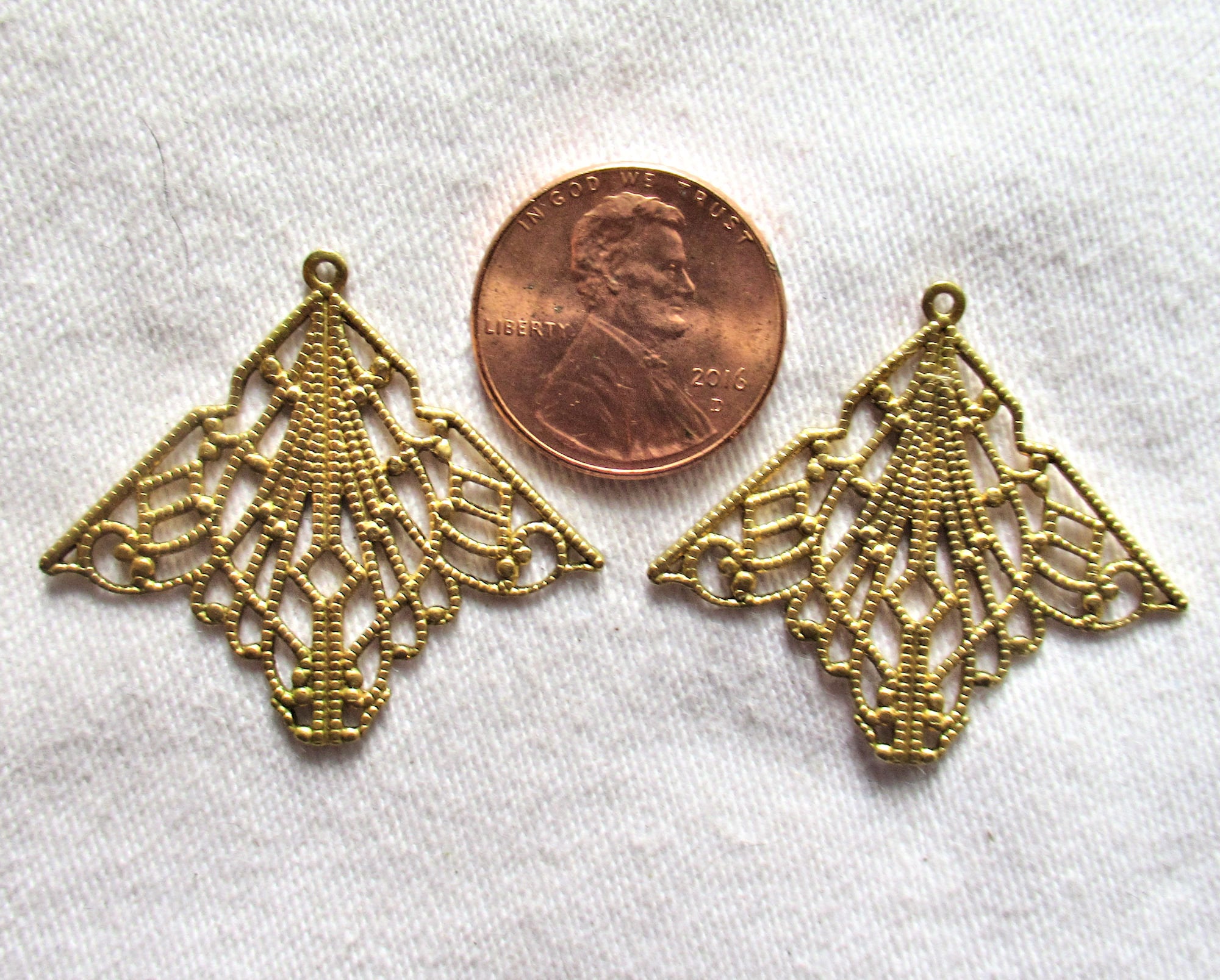 2 raw brass stampings pair- ornate vintage filigree earrings or charms with ring - 33mm x 30mm - USA made C1302