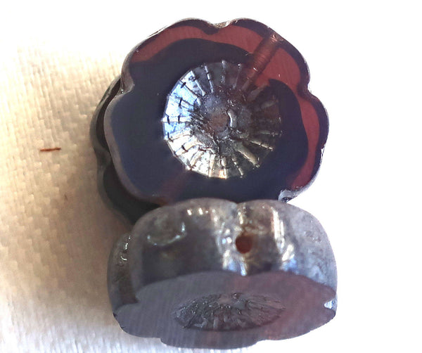 Six 14mm table cut, carved, Czech glass flower beads, translucent amethyst, purple opal with a silver picasso finish, Hawaiian Flowers C8901 - Glorious Glass Beads