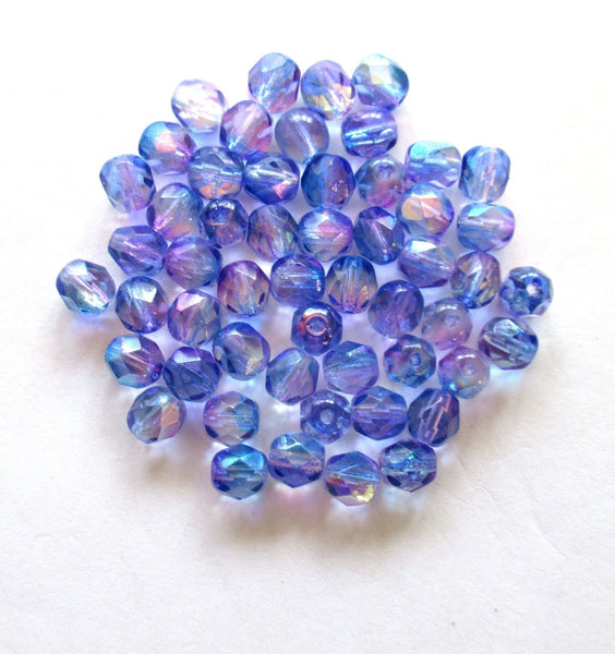 Lot of 25 6mm Czech glass beads - blue, pink, purple ab mix - fire polished faceted round beads C0601