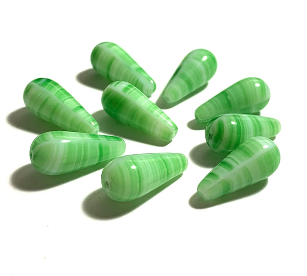 Six large Czech glass teardrop beads - 9 x 20mm green and white striped drop or pear beads - C0017