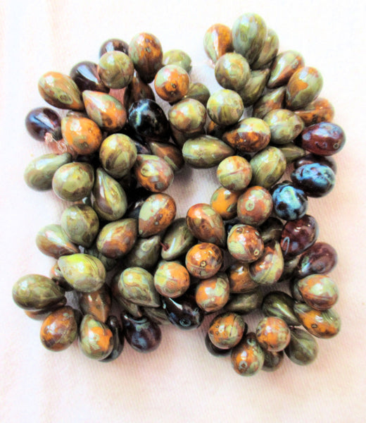 Lot of 25 Czech glass drop beads - transparent & opaque mix of green, orange and brown picasso- smooth teardrop beads - 9 x 6mm C5701